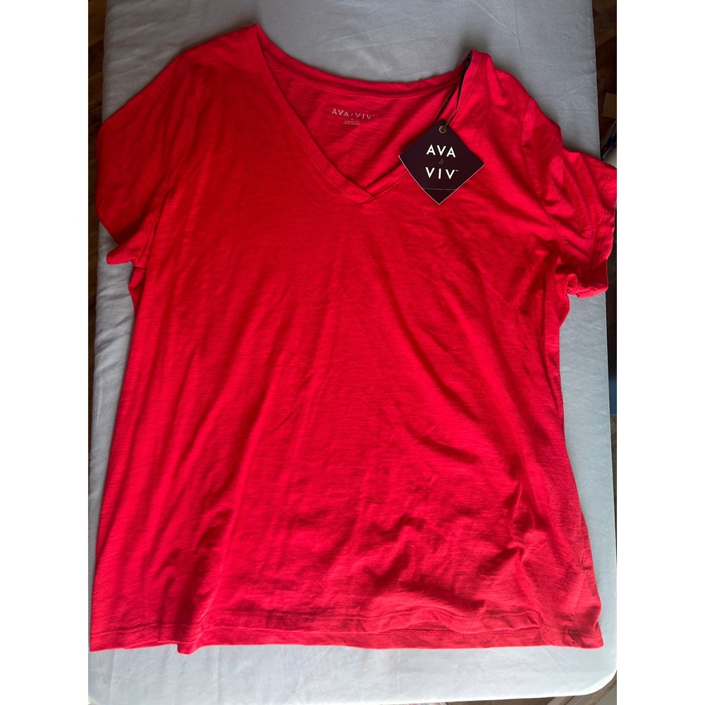 Ava & Viv V-Neck Short Sleeve Tee Women 1X Red Slub Knit Cotton T-Shirt